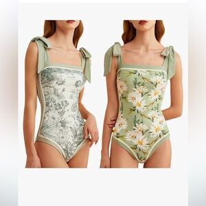 Women Floral One Piece Swimsuits, Square Neck Reversible Tie Shoulder Monokini